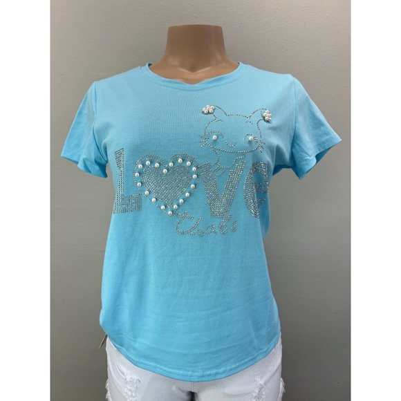 Womens Round Neck T-shirt Light Blue Rhinestone Love Design Size S/M - Picture 1 of 8